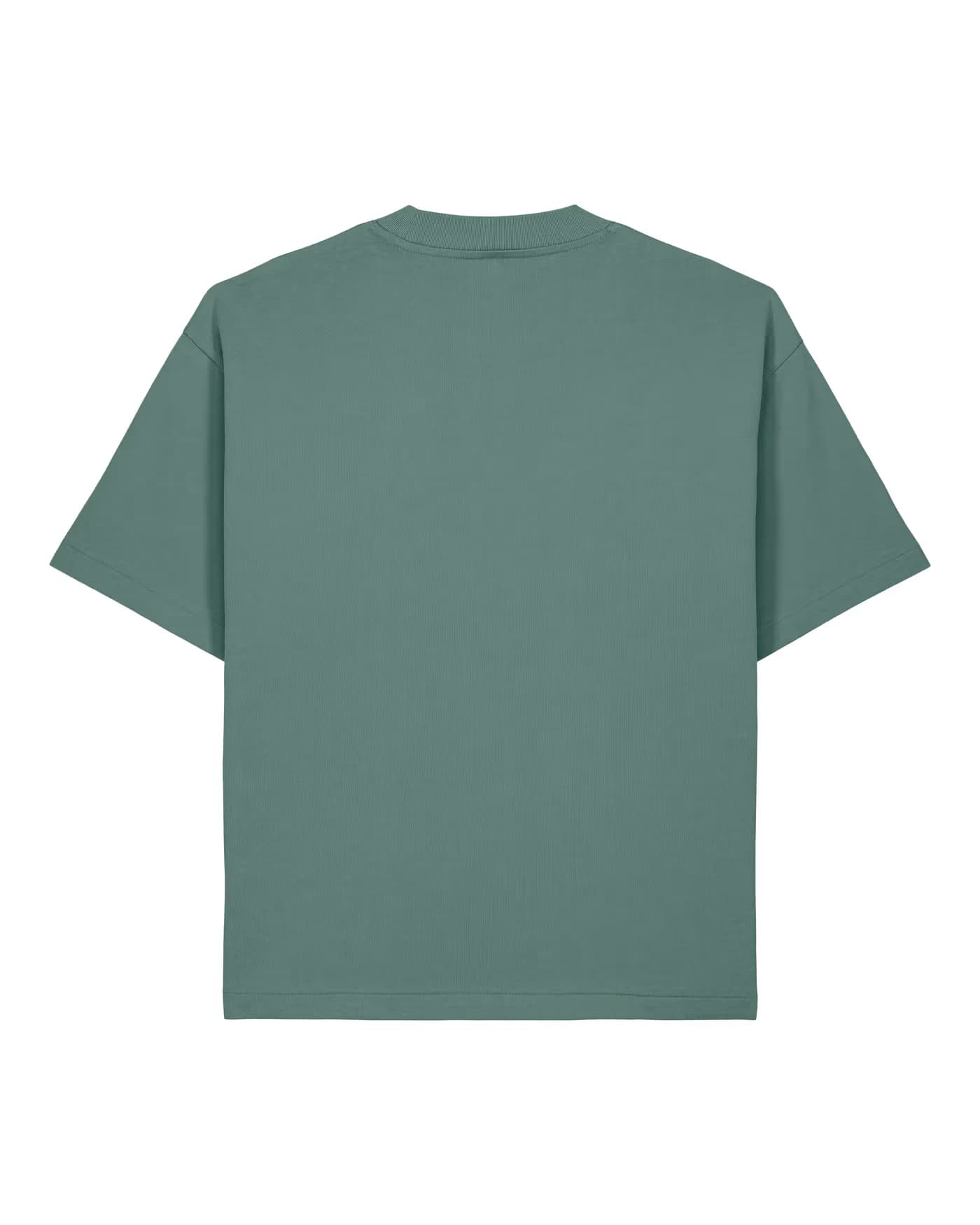 Logo Café Crème brodé au fil rose et bordeaux dans le dos d’un t-shirt vert sauge, t-shirt nu