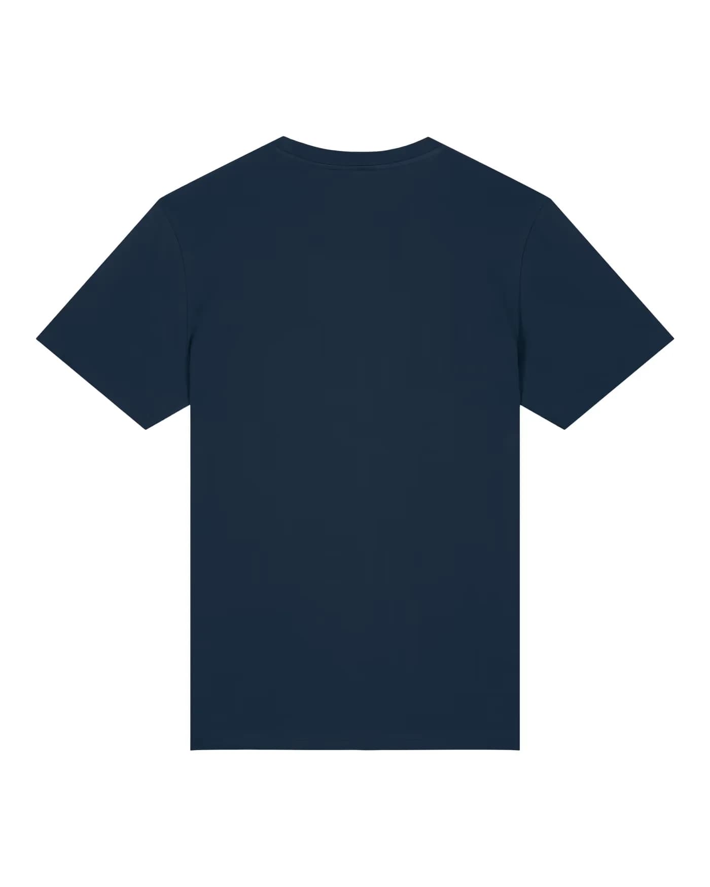 Logo brodé au fil rouge dans le dos d’un t-shirt bleu marine, t-shirt nu